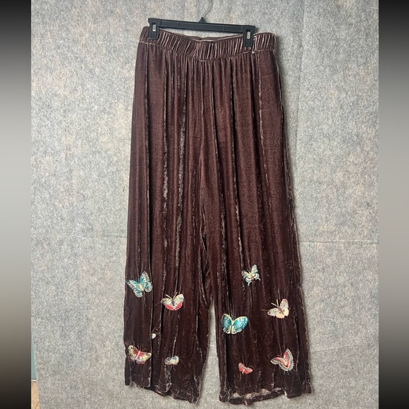 Johnny Was Women Size XL Velvet Wide Leg‎ Pant Large Butterfly Embroidered Brown